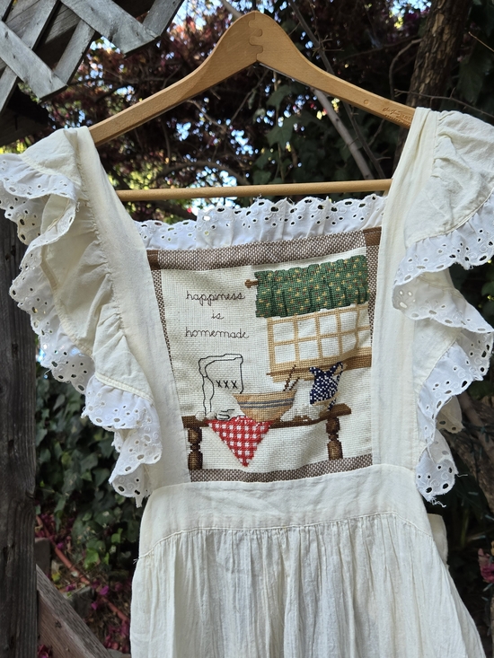 Vintage Other - ❌️sold❌️Vintage Handmade Cream Eyelet Ruffle Apron Dress with Cross-Stitch Panel